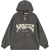 Sumleno Y2K Zip Up Hoodie Letter Print Star Graphic Grunge Hooded Corduroy Sweatshirt Jacket Oversized Retro Y2k Clothing