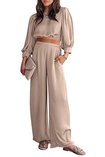 PRETTYGARDEN WOMEN’S 2 PIECE SATIN OUTFITS 2024 SPRING CASUAL PUFF SLEEVE CROP TOPS BLOUSE AND LONG PALAZZO PANTS SET (APRICOT,X-LARGE)