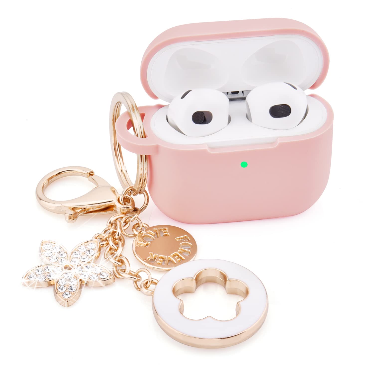 Photo 1 of VISOOM Case for Airpods 3 Pink Airpods 3rd Cases 2021 Silicone for iPod 3 Earbuds Case Cover Women Wireless Charging Case with Accessories Girl Bling Keychain for Apple Ear Buds 3rd Generation