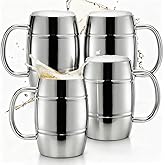 Goaste 4 Pack Stainless Steel Barrel Mugs, 15 OZ Double Walled Beer Stein with Strong Handle, Heat Insulated Metal Drinking Cup, Coffee Tea Camping Travel Tumblers for Hot or Cold Beverages