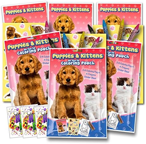 Puppies &amp; Kittens Coloring Pack Party Favors with Stickers, Crayons and Coloring Activity Book in a Resealable Pouch ~ Plus Separately Licensed 3X3 Inch GWW Fun Stickers Included