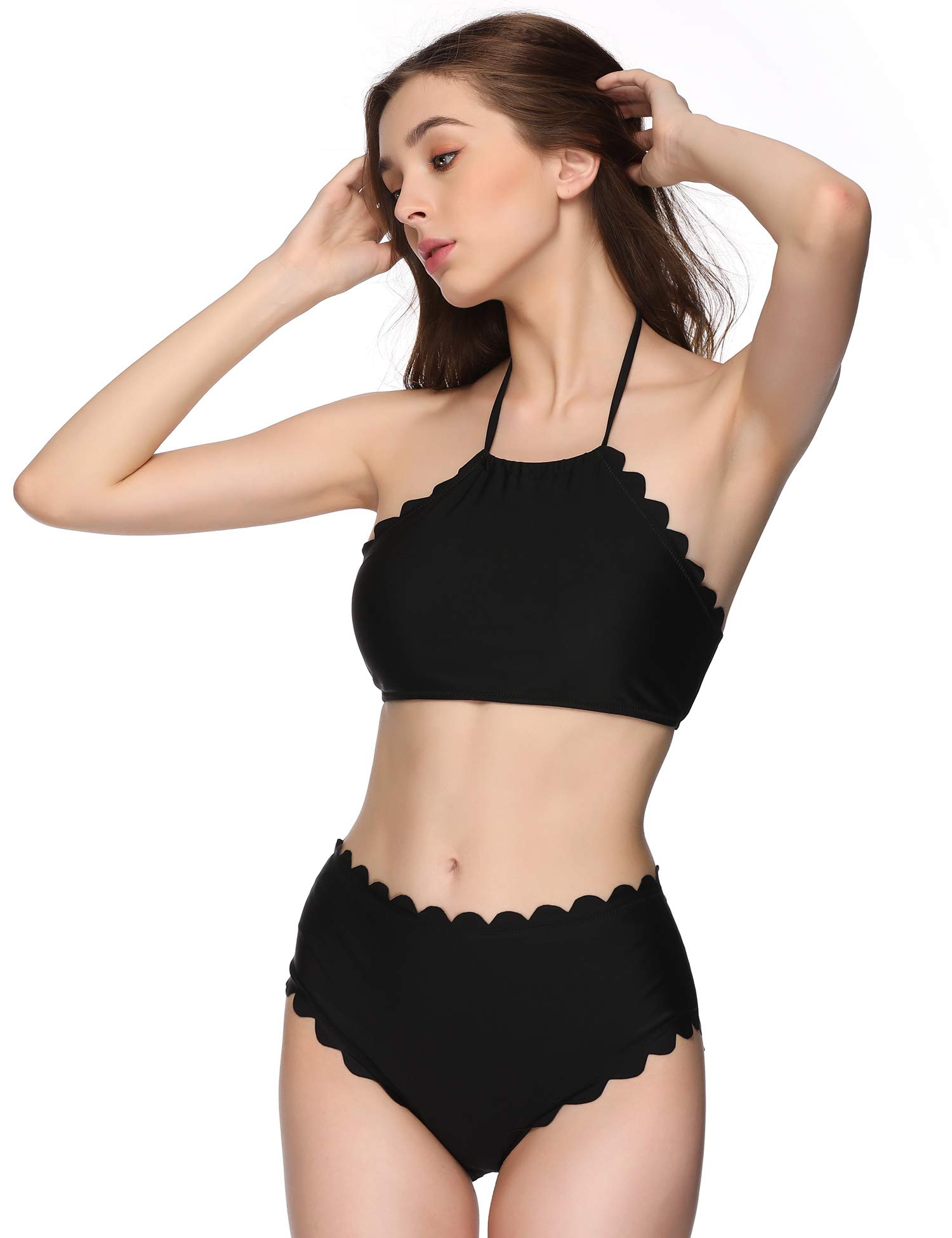 Verano Playa Women\'s Swimsuits High Neck Halter Bathing Suits Two Piece Floral Printed Bikini Set with Wave Edge Black