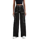 DLAYBGFA Women's Cargo Jeans Casual Baggy Cargo Jean Elastic High Waisted Stretch Wide Leg Denim Pants Streetwear