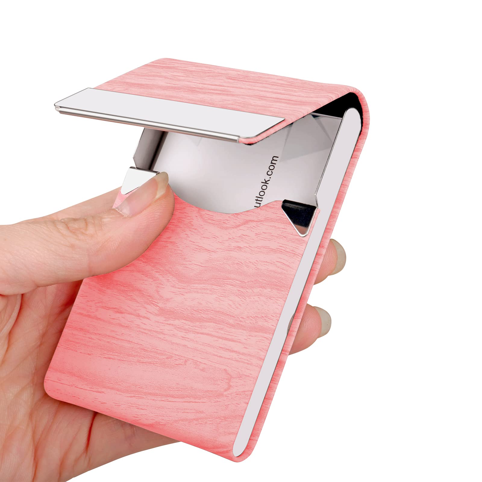 JuneLsy Business Card Holder Case - Professional PU Leather Business Card Case Metal Name Card Holder Pocket Business Card Carrier for Men & Women with Magnetic Shut (DM-Pink)