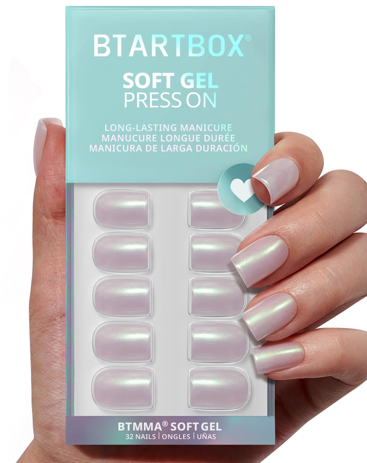 Photo 1 of BTArtbox Press On Nails Short - Pearlescent Glitter Square Press On Nails with Glue for Women, Opaque Soft Gel Glue On Nails in 16 Sizes - 32 Stick On Nails Kit, Screaming Silver