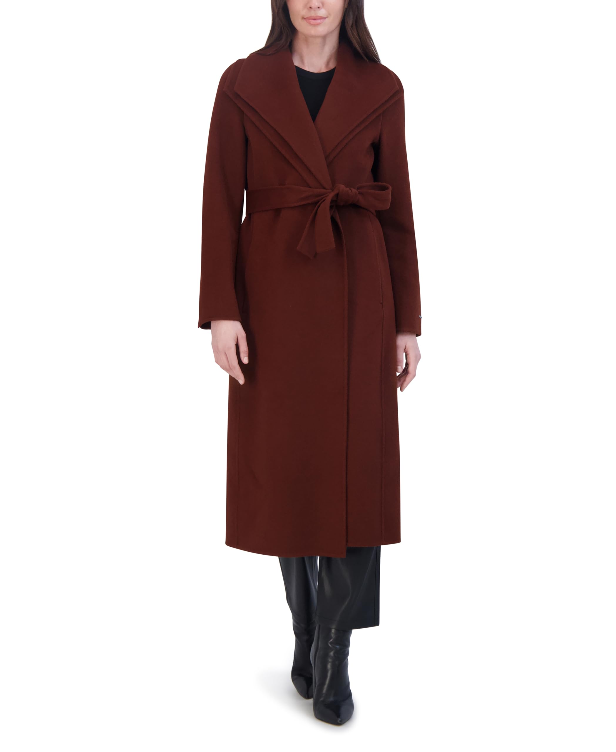 TAHARI Women’s Slim Fit Double-Faced Wool Blend Wrap Coat with Tie Belt – Longline Silhouette, Cinnamon, X-Large