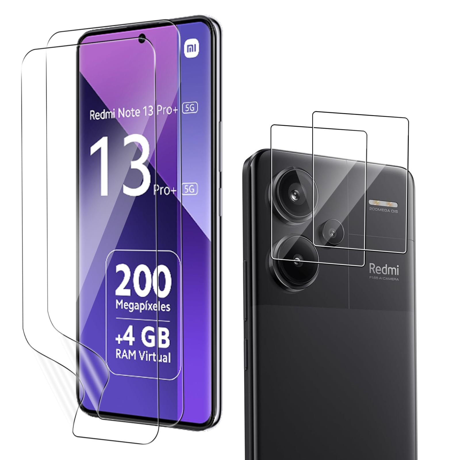 KUSINHOKA 2 Pack Screen Protector Xiaomi Redmi Note 13 PRO Plus 5G/Note 13 PRO+ + 2 Pack Camera Lens Protector,Scratchproof,Bubble Free,HD Fingerprint Unlock Full Coverage Flexible TPU Protector Film