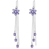 Sterling Silver Threader Earrings with Crystal Cubic Zirconia Flower Star Heart Butterfly Tassel Long Charm Drop Dangle Earrings Jewelry Gifts for Women Girls