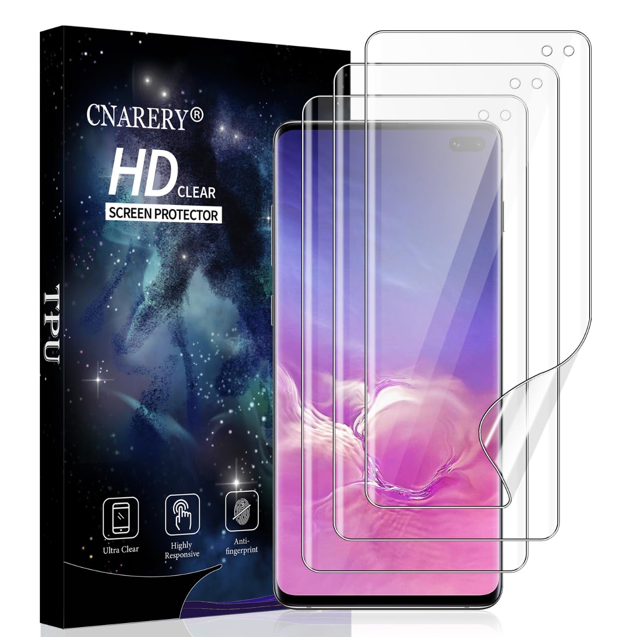 Photo 1 of Cnarery 3 Pack Screen Protector for Samsung Galaxy S10 Plus [Not Glass], Support Fingerprint Flexible TPU Film, Touch Sensitive, Anti-Scratch, 3D Curved Full Coverage