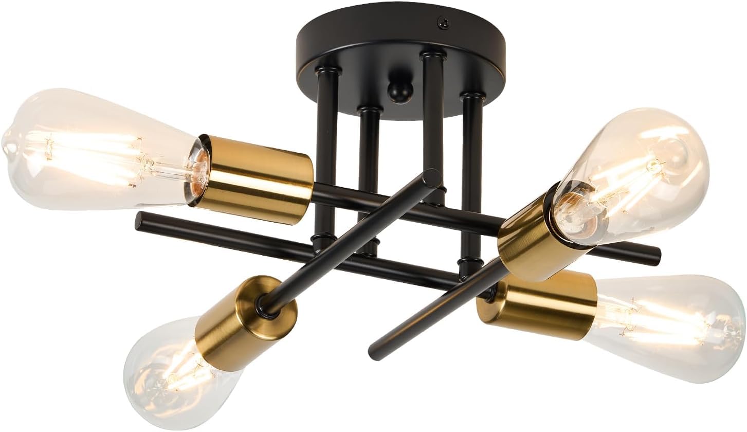 Photo 1 of 4 Light Mid Century Semi Flush Mount Ceiling Lights Fixture for Kitchen, Bedroom, Living Room, Hallway, Dining Room (Black and Gold 4 Light)
