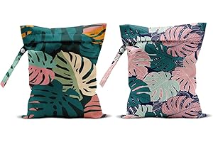 CQM 2Pcs Abstract Palm Leaves Wet Bag 12x10 Inch, Summer Greenery Waterproof Travel Laundry Bags, Washable Reusable Wet Dry Bag for Swimsuit Beach Diapers Dirty Yoga Gym Clothes, Plant Gifts for Women