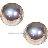 WARIDAR 8, 10, 12mm Grey Tone of Silvery and Purple Pinkish Luster Faux Pearl S925 Silver Stud Earrings | Hypoallergenic Rich Radiance Round Pearl Minimalist Studs | Luxury Timeless Earrings for Ladies Daily Wear & Gift