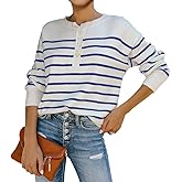 Womens Striped Henley Sweaters Soft Lightweight Long Sleeve Crew Neck Loose Fit Knit Pullover Tops