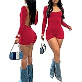 Hafailia Bodycon Jumpsuits for Women Sexy Backless Rompers Long Sleeve Scoop Neck Bodysuits One Piece Outfits