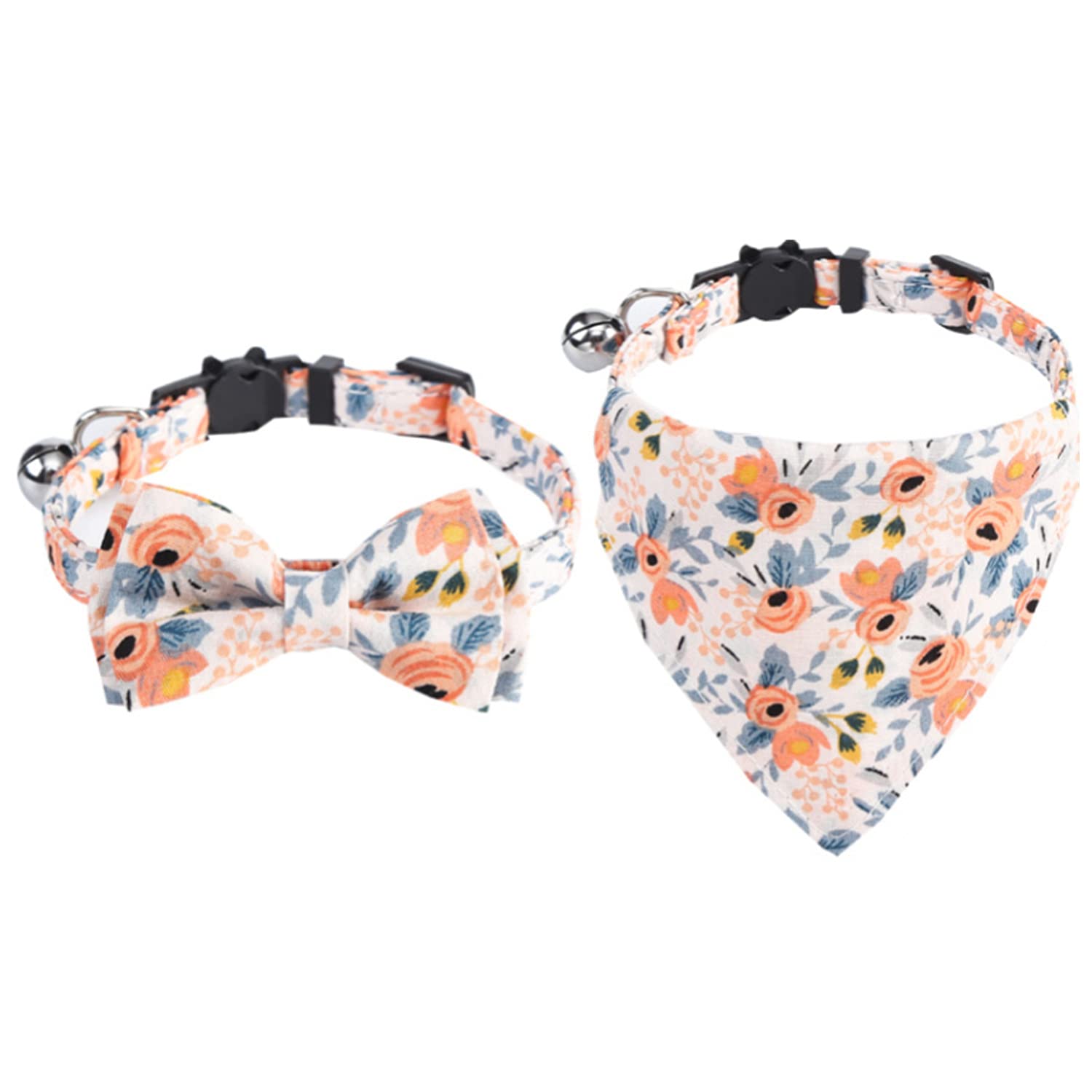 2 Pieces Cat Collars Adjustable Cat Bandana with Bow Bells Floral Kitten Collar Soft for Cats Kittens Kitties Puppies