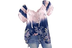 ATTINE Summer Basic Tops for Womens, Women Tie-Dye Lace T-Shirts Short Sleeve Pullover Boat Neck Plus Size Dressy T-Shirts