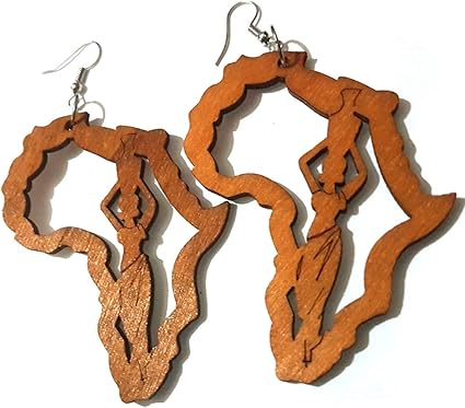 Dojore Damen-Ohrhänger Afrika-Karte und Dame aus braunem Holz