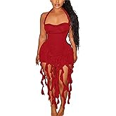 Women's Mini Dress Sexy Halter Backless Ruffle Fringe Bodycon Short Dress Cocktail Party Beach Vacation Sundress