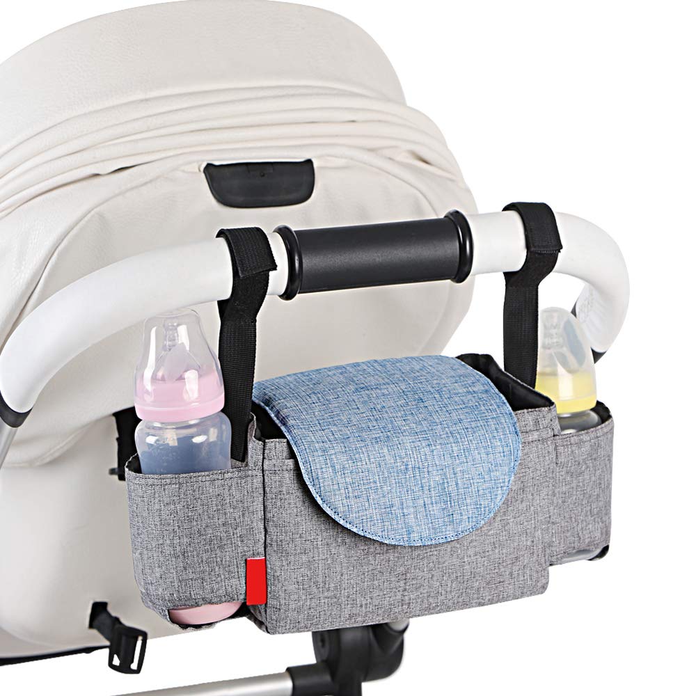 BelleStyle Pram Buggy Organiser Bag, Large Capacity Stroller Organiser Bag, Multifunktional Universal Baby Pushchair Organiser with Cup Holder, Adjustable Buckle Strap, Pram Accessories(Grey)