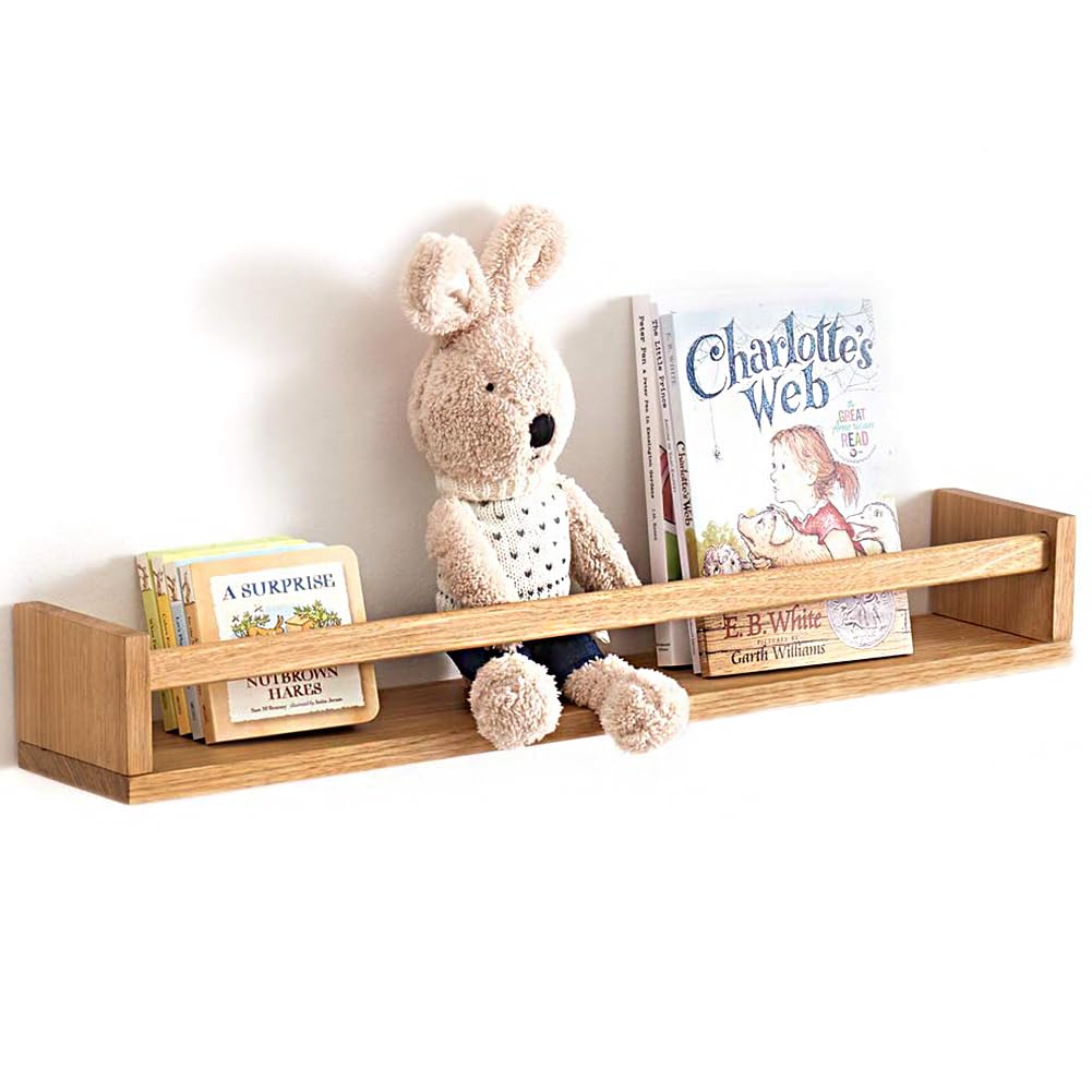 OAKERLAND Oak Floating Nursery Bookshelf, 60cm Natural Solid Wood Wall Shelves for Storybooks, Wooden Book Organizer Shelf Picture Ledge for Kids Room, Nursery, Bedroom, Living