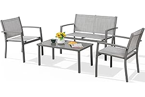 Shintenchi 4 Pieces Patio Furniture Set All Weather Textile Fabric Outdoor Conversation Set, with Glass Coffee Table, Loveseat, 2 Single Chairs for Home, Garden, Lawn, Porch（Silver）