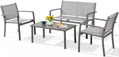 Shintenchi 4 Pieces Patio Furniture Set All Weather Textile Fabric Outdoor Conversation Set, with Glass Coffee Table, Loveseat, 2 Single Chairs for Home, Garden, Lawn, Porch（Silver）