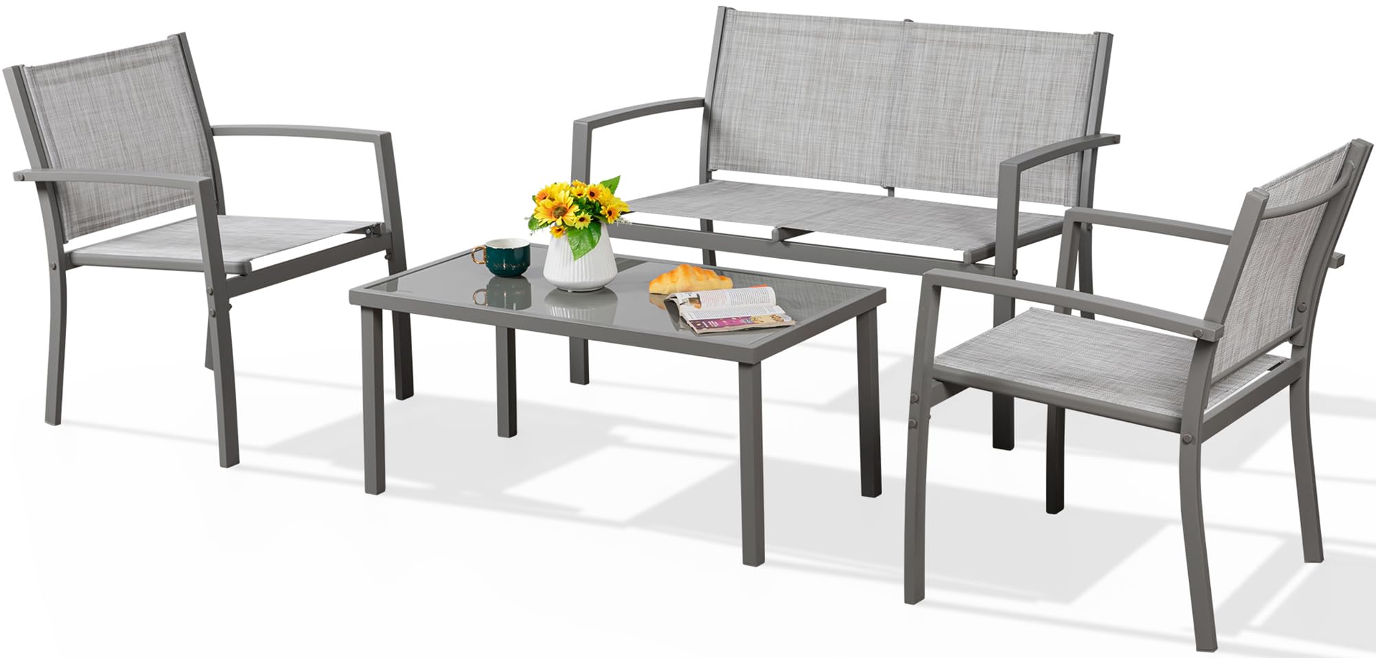 Photo 1 of Shintenchi 4 Pieces Patio Furniture Set All Weather Textile Fabric Outdoor Conversation Set, with Glass Coffee Table, Loveseat, 2 Single Chairs for Home, Garden, Lawn, Porch?Silver?