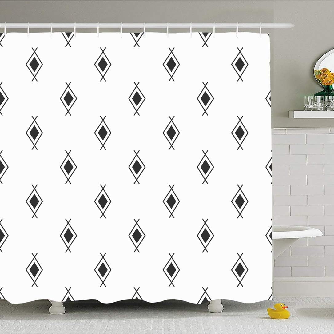Ahawoso Shower Curtain Set with Hooks 72x72 Black Stripe Drawing Decoration White Geometric Aztec Abstract Ornament Handmade Vintage Textures Waterproof Polyester Fabric Bath Decor for Bathroom