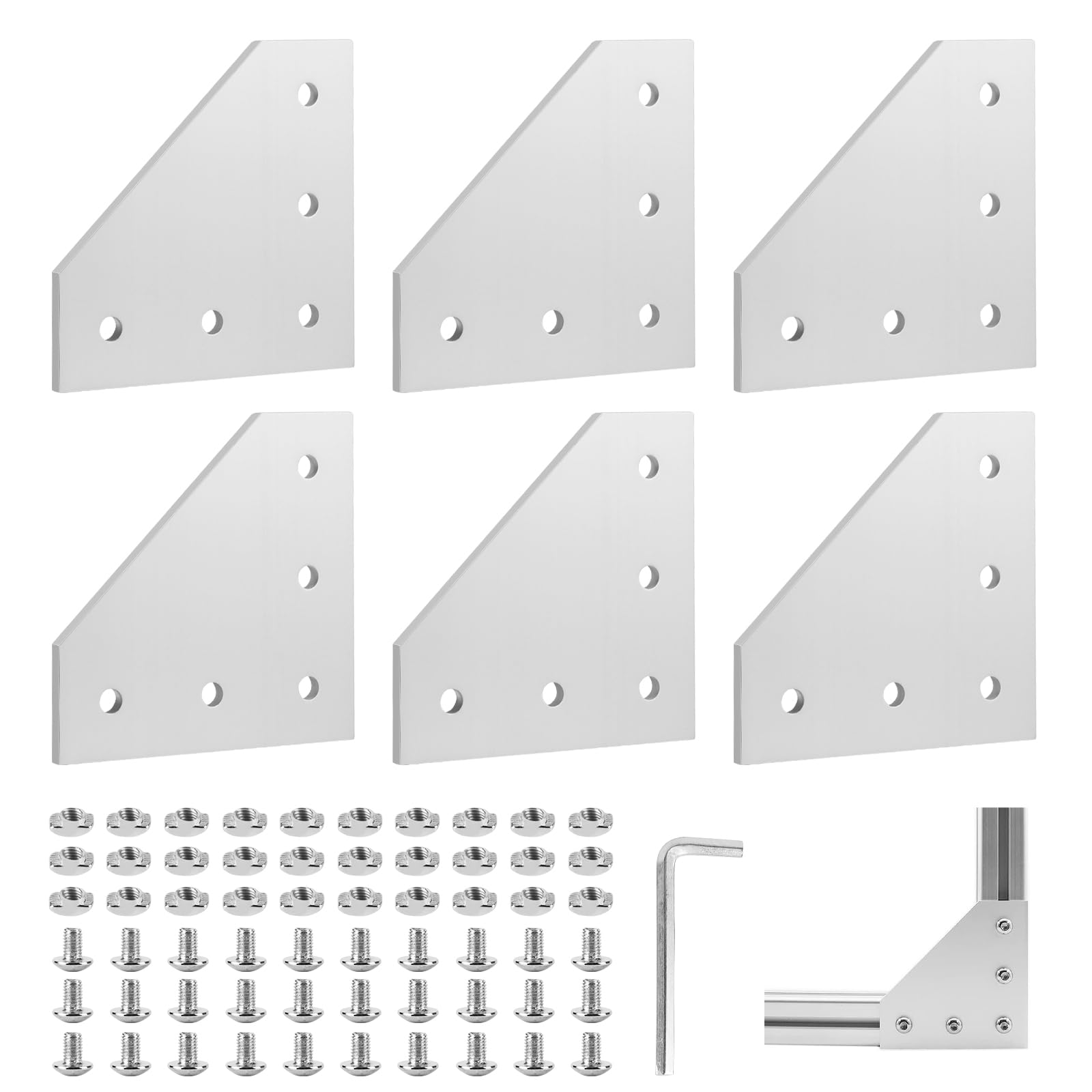 EXLECO 6 Corner Bracket Connection Plate Aluminium Profile 20 x 20 Corner Bracket Plate Corner Angle Plate Outer Profile L Profile Aluminium with Nuts Screws Wrench for 6 mm Slot Aluminium Profile