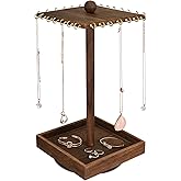 Ikee Design Wooden Rotating Jewelry Organizer, Jewelry Display Tower for Necklace & Bracelet, Rotating Necklace Holder Organizer, Jewelry Stand for Shows, Brown Color, 7.88 W x 7.88 D x 16 H in