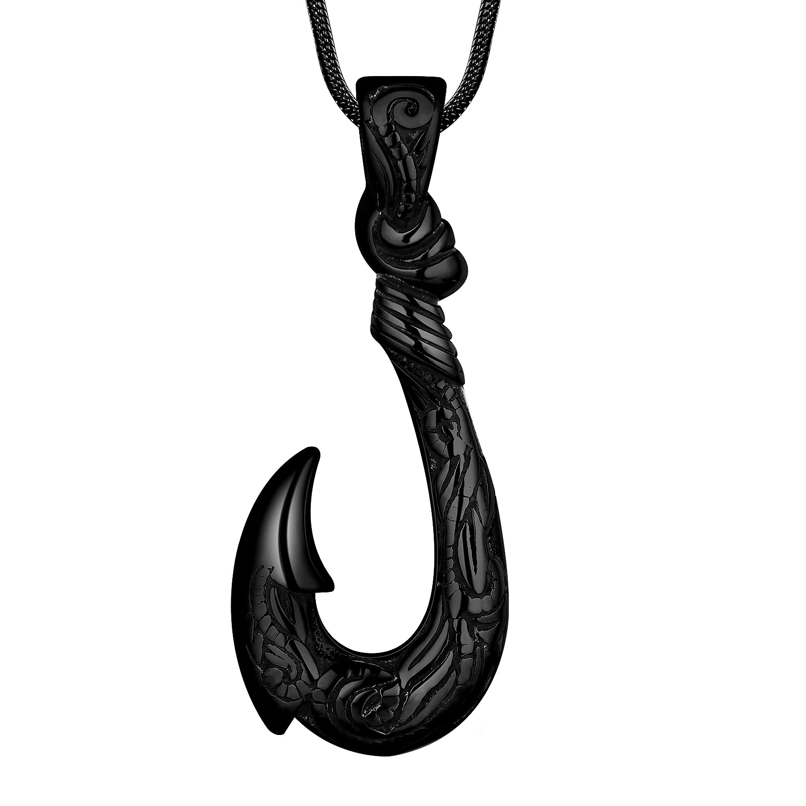 Fish Hook Pendant Necklace - Hawaii Fishing Carved Bone Fish Hook Necklace Stainless Steel Fishing Necklace Fish Scale Black Gun Plated Pendants Nautical Jewelry Gifts for Men Women Girls SP0127B