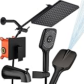 SUNZOE Shower Faucet Set with Tub Spout Matte Black 10 Inch Rainfall Shower with 4 Setting Spray Mixer Shower System Modern Luxury Wall Mounted Tub Shower Faucet Set Rough-in Valve Body (Matte Black)