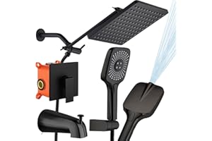 SUNZOE Shower Faucet Set with Tub Spout Matte Black 10 Inch Rough-in Anti-Scald Pressure Balanced Valve Body Modern Luxury Wa