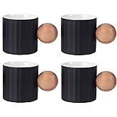 Fire Kirin Ceramic Espresso Cups Set of 2, 2 oz Mini Espresso Cups, Round Wooden Handle Stripes Demitasse Cups for Tea or Coffee (4, Black)