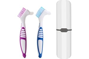 EXEXIUO 2Pcs Denture Cleaning Brush Kit False Teeth Toothbrushes with Carrying Case Travel Multi-Layered Soft Bristles Denture Cleaner Ergonomic Rubber Handle（Purple and Blue）