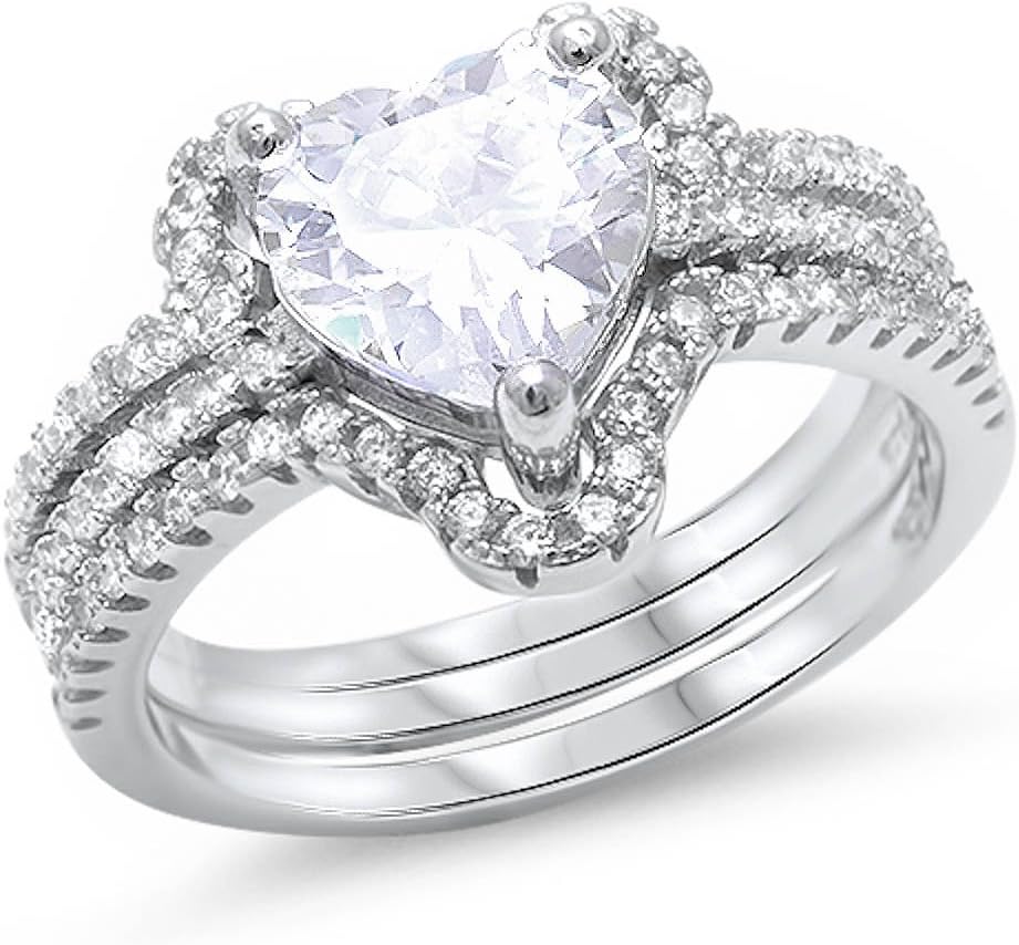 Oxford Diamond Co 3CT Heart Shape Solitaire 2 Ring Set .925 Sterling Silver Ring Sizes 5-10