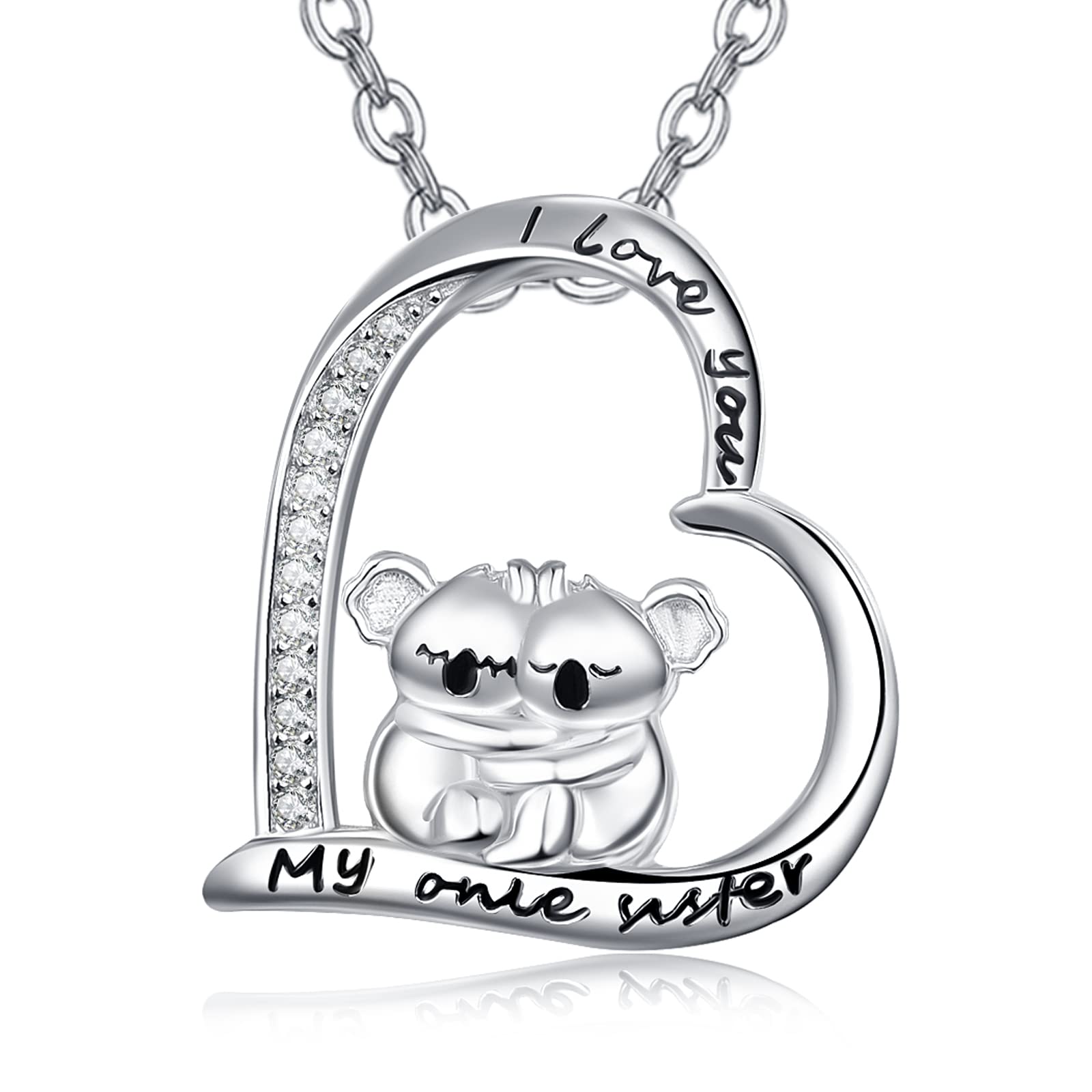 KINGWHYTE Heart Shaped Koala Bear Necklace 925 Sterling Silver Jewelry I Love You My Only Sister Gift for Women Girls Birthday Mothers Day Christmas