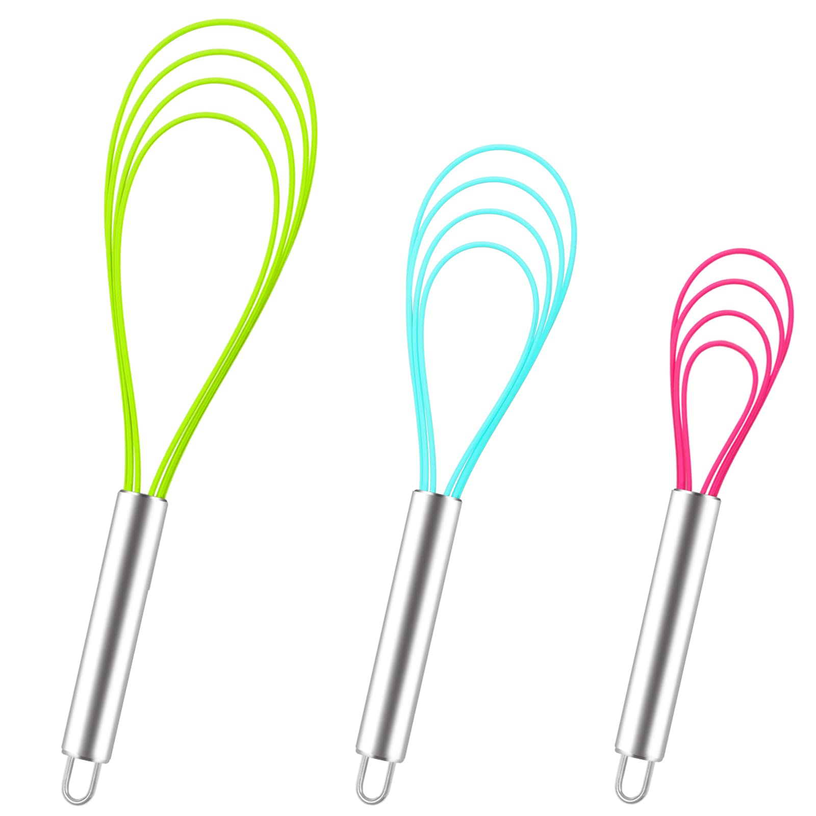 Webake Flat Whisk Silicone Kitchen Egg Sauce Whisk 3 Pcs 8‘’ 10‘’ 12'' Heat Resistant Mini Whisk for Blending, Whisking, Beating, Stirring