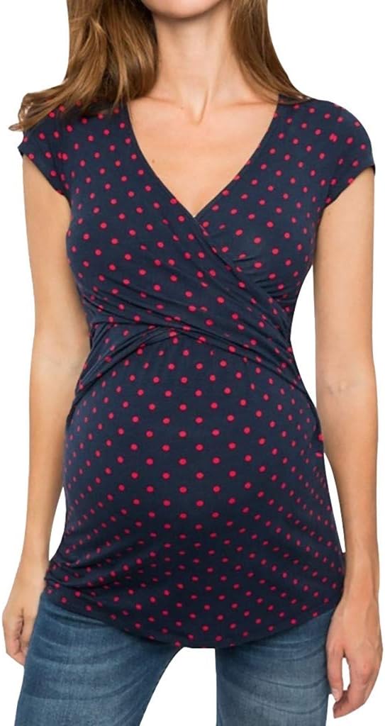 Maternity V-Neck Short Sleeve Tops, Dot Print Breastfeeding T-Shirt Pregnancy Nursing Blouse