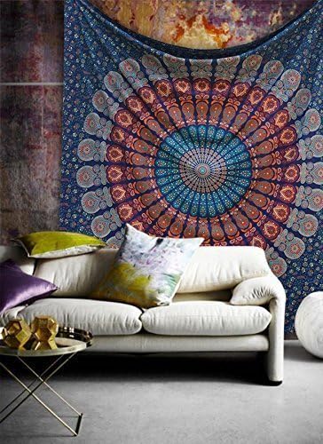 Tapestries - Popular Handicrafts Kp749 King Size Hippie Mandala Bohemian Psychedelic Intricate Floral Design Indian Bedspread Magical Thinking Tapestry King Size Neavy Blue, King 230 x 270 cms / 90 x 108 inches