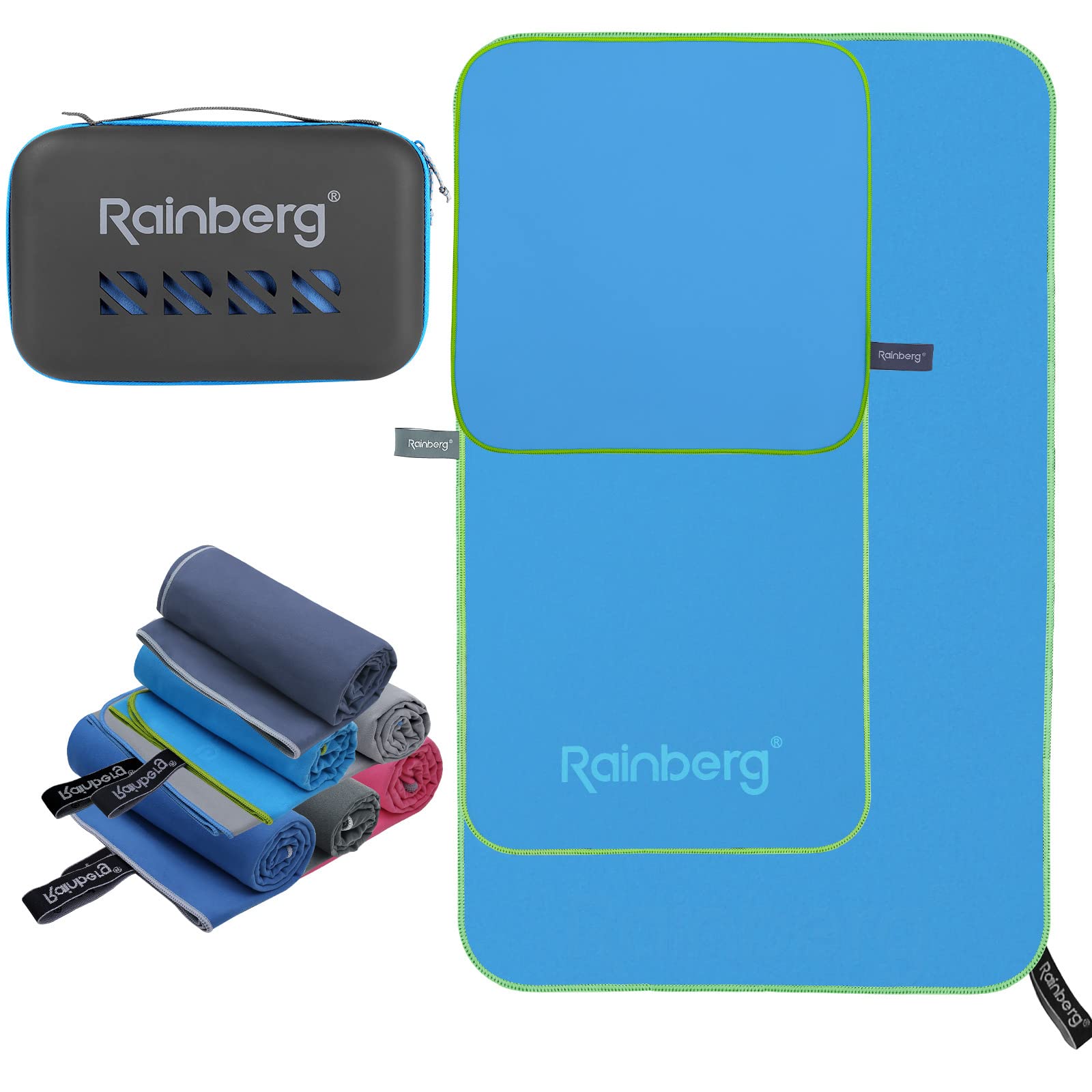 Rainberg 3PK Microfibre Towel, Sports Towel, Travel, Swimming and Beach Towel, Fast Drying, Super Absorbent, Ultra-Compact, Great for Camping, Gym, Beach and Swimming (Light Blue)