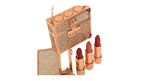 Matte Lipstick with Gold Chain Bag Package By M - A - K - C Beauty and Cosmetics. Velvet Lip stick Gift Box Waterproof Non-Stick Cup Long Lasting Retractable 3 Color Lipstick 3-Pcs Set.