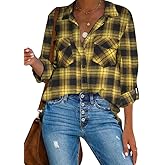 HOTOUCH Flannel Tunic Shirt for Women Long Sleeve Button Down Buffalo Plaid Shirt Jacket Shacket Black and Yellow S