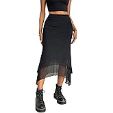 Avanova Women Mesh Asymmetrical Mermaid Midi Skirt High Waist Fishtail Long Skirt