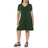 Amazon Essentials Women's Short Sleeve V-Neck Gathered Fit and Flare Dress