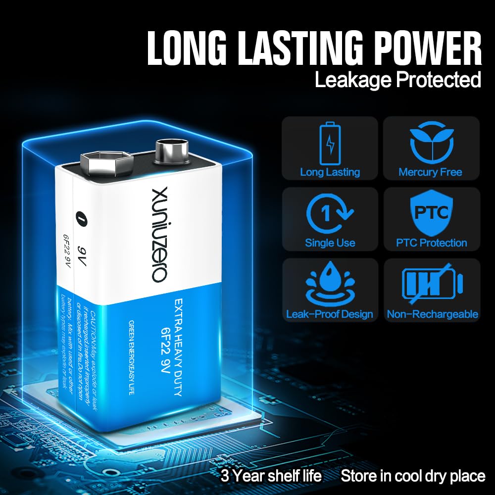 XUNIUZERO 9V Batteries Carbon 9 Volt Battery for Smoke Detector 6F22 Square Battery, Long-Lasting, 4 Pack