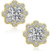 Small Brilliant 925 Sterling Silver 14K Yellow Gold Plated Flower Cluster Round Halo Unisex Iced Cz Hip Hop Hypoallergenic Men's Women's Circle Screw Back Cubic Zirconia Stud Earrings