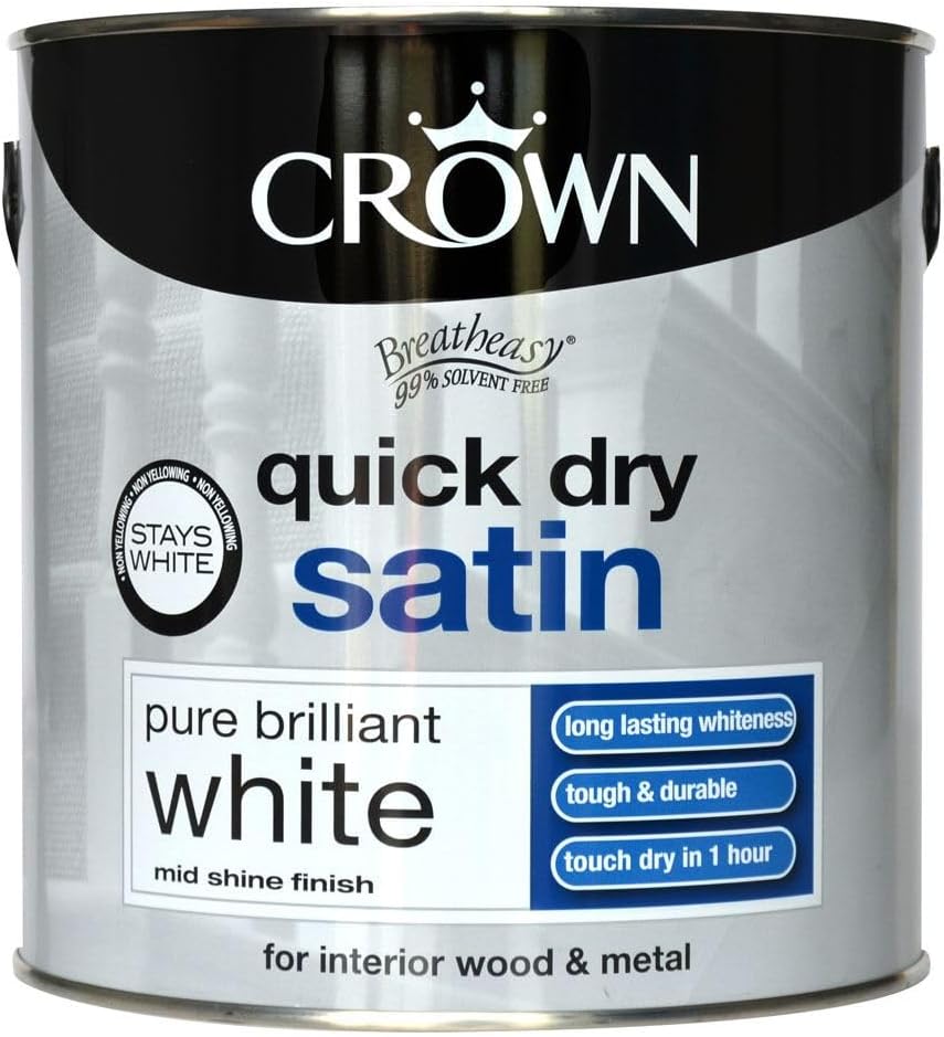 Crown Quick Dry Satin Paint Brilliant White 2.5L Water Based Interior Exterior