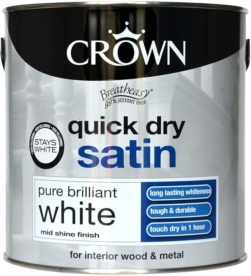Crown Quick Dry Satin Paint Brilliant White 2.5L Water Based Interior Exterior