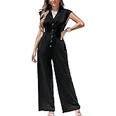 CUPSHE Women's Cap Sleeve Jumpsuits Dressy One Piece V Neck Buttons Down Collar Wide Leg Pants Jumpsuit